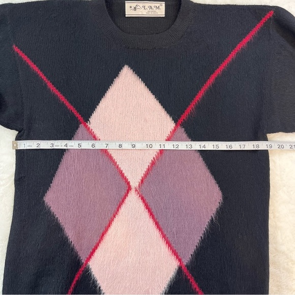 L.A.M. 100% Alpaca Womans Argyle Sweater Sz SM Black Pink Soft Made In Bolivia - Picture 9 of 9